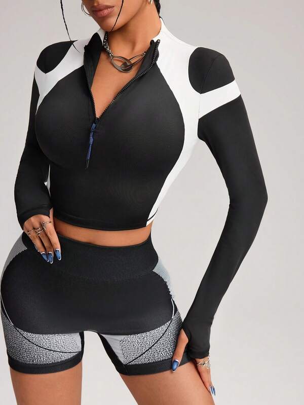 Innovista Sudadera deportiva de mujer con bloqueo de color y cremallera, manga larga, camiseta, top de gimnasio, de alta elasticidad y secado rápido, ropa de entrenamiento, que absorbe la humedad, top de fitness, estiloso y único, chándal, ciclismo, ropa deportiva, surf, capa base, buckleball, festival de música, fiesta, camisetas negras y blancas, traje de baño, bañador, traje de neopreno, perfecto para vacaciones de otoño, otoño y otoño, ropa deportiva inicial