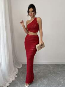 Elenzga 2pcs Women Set: Solid Color Asymmetric Sleeveless Top & Skirt Knitted Sweater