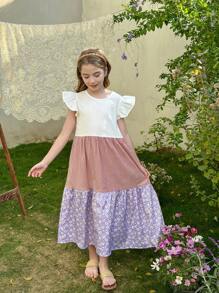 LMoss Kids Vestido ajustado para niñas preadolescentes con cuello redondo, volantes en el bajo y estampado de flores pequeñas en colores contrastantes - Multicolor - Ver 3