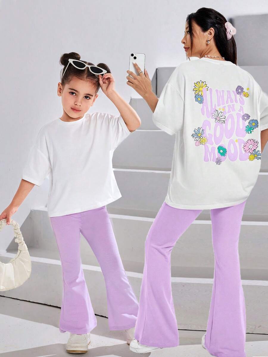 SHEIN Leap Crew 2pcs/Set Young Girls Letter Graphic Print Loose Round Neck T-Shirt And Solid Color Fitted Flare Pants Set - Purple - View 1