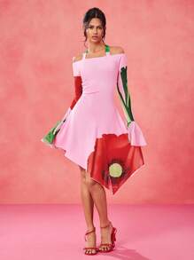 BELANGE HANDMADE Designer Pink Floral Halter Tie Neck Long Flared Sleeve Asymmetrical Hem Valentine's Day Dating Dress, Festival, Concert Outfit Spring Dresses For Women Festival Outfits For Women Cocktail Dresses Women Spring Dress Party Dresses For Women Cocktail Dresses, Rave, Pastel, Prom Dress