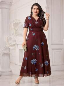 Modelyn 大码春夏花卉印花系带中长连衣裙，优雅晚会长连衣裙 - 酒紅色 - 查看 1