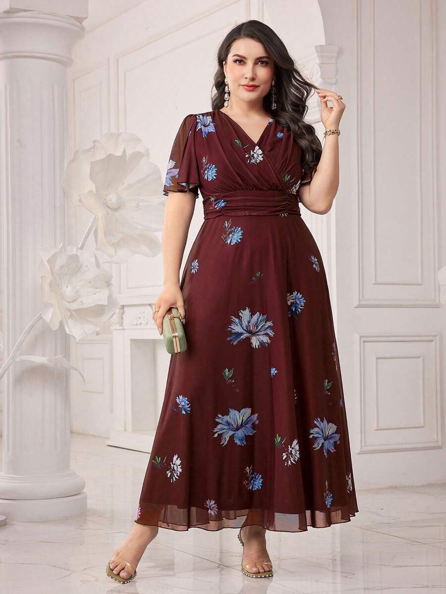 Modelyn 大码春夏花卉印花系带中长连衣裙，优雅晚会长连衣裙 - 酒紅色 - 查看 1
