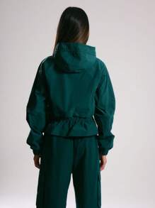 "Musera Sport" Hooded Ruched Back Waterproof Zip Through Running Jacket Holiday Festival Fall Streetwear - Dark Green - View 3