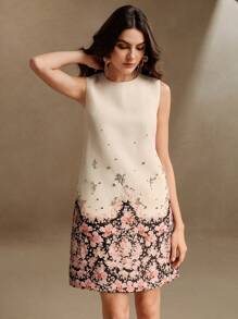 Anewsta Women's Elegant Floral Pattern Rhinestone Embellished Sleeveless Round Neck Mini Dress, Suitable For Festivals, Going Out, Vacations