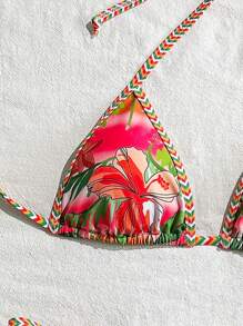 Swim Vcay Conjunto de bikini de 2 piezas con estampado aleatorio de plantas tropicales, con tiras en el cuello y la espalda, para verano y vacaciones en la playa