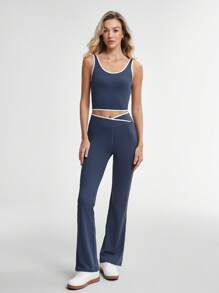 Activina Women Contrast Color Trimmed Sleeveless Top And Flare Pants Sports Suitwomen Workout Set - Blue - View 6