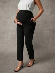MaterniChic Maternity Solid Color Pocket Adjustable Waist Straight Leg Casual Pants - Black - View 3