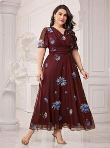 Modelyn 大码春夏花卉印花系带中长连衣裙，优雅晚会长连衣裙 - 酒紅色 - 查看 6