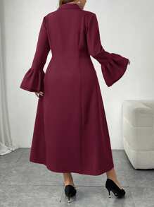 Mulvari Plus Size Long Sleeve Casual Daily Solid Color Dress, Minimalist And Fashionable - Burgundy - View 2