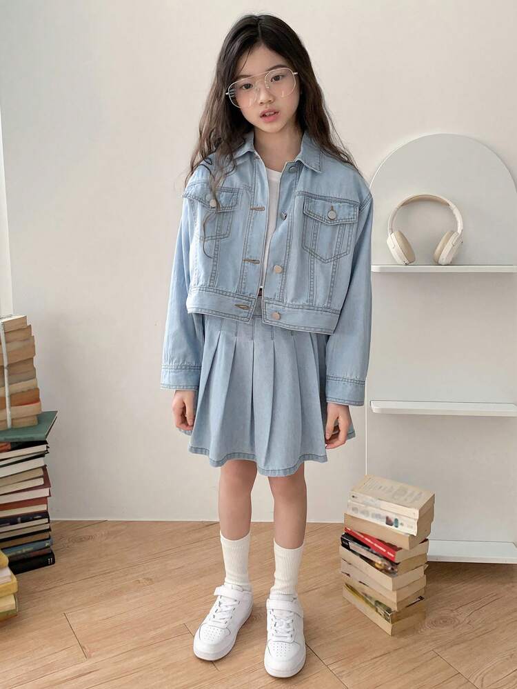 Tween Girl Denim Long Sleeve Jacket + Denim Skirt, Girls Spring/Summer Jean Outfit Set