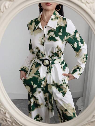 Mulvari 2pcs/Set Women Front Button Long Sleeve Floral Print Blouse And Pants Fall Cloth For Women