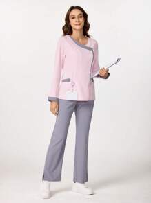 TaskEZ Conjunto de blusa y pantalón de un solo color, estilo minimalista con mangas largas para mujer. Conjunto de uniforme de enfermería con parte superior e inferior, transpirable y con bolsillos. Conjunto de uniforme de enfermería con parte superior con cuello en V y pantalón de pierna recta. Conjunto de uniforme de enfermería con parte superior elástica y pantalón cargo con cordón.