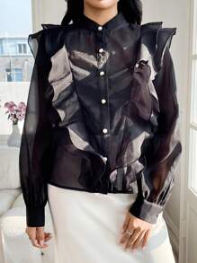 Modelyn Women's Solid Color Front Button Long Sleeve Casual Shirt - Black - View 4
