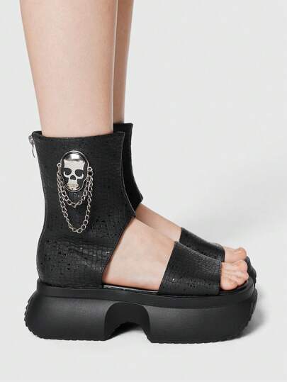 Gothic Skull Decor Open Toe Gladiator Sandals, Women Summer Platform Chunky High Heeled Beach Shoes Spring Shoes Spring Break Easter