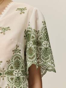 Poéselle Áo croptop mùa hè màu trắng tay bèo thêu họa tiết, kiểu buộc dây, áo kiểu mùa hè cho nữ, buộc dây phía trước, áo kiểu buộc dây, áo tay ngắn, áo kiểu mùa hè dễ thương. - màu xanh lá - Xem 2