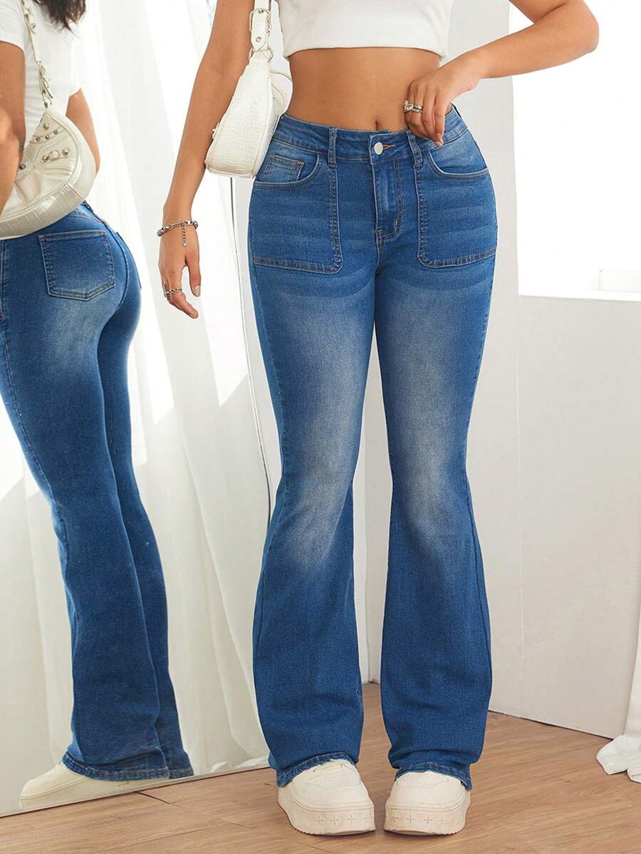 SHEIN PETITE 女式前扣口袋简约牛仔裤，休闲日常穿着 - 深色水洗藍 - 查看 1