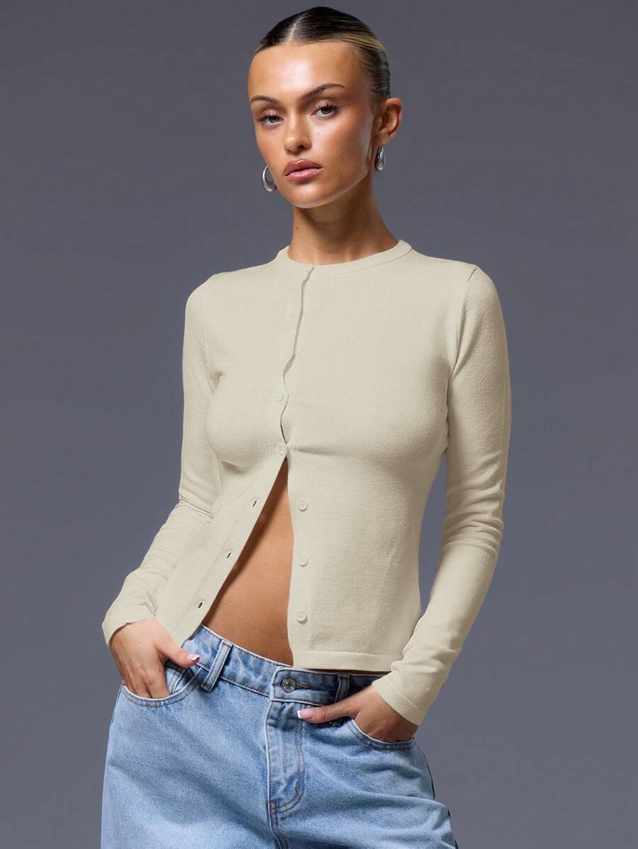 MUSERA Button Down Long Sleeve Sweater Airport Holiday  Chic - White - View 1