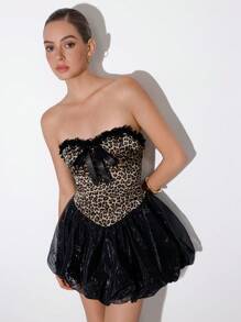 Aveloria Affinna Élégante et séduisante robe courte en organza à volants, taille peplum, imprimé léopard pour femmes