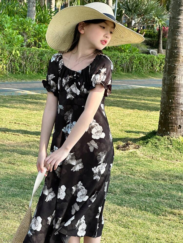 Vestido casual de manga corta con cuello redondo y estampado floral todo sobre para niña preadolescente, conjunto de ropa de verano para niñas, ropa de vuelta al colegio y vacaciones