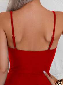 Swim Lushoire Women's Solid Color Knotted Hem One-Piece Swimsuit, Casual Beach Vacation Style For Summer - Red - View 3