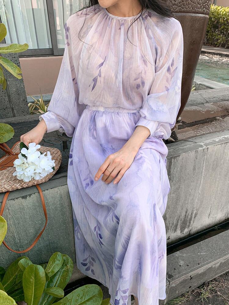 2pcs/Set Women Plant Print Lantern Sleeve Shirt And Midi Skirt