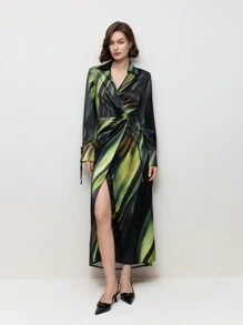 BizChic Green Gradient Stripe Print Long Sleeve Commuter Dress For Women, Spring And Summer