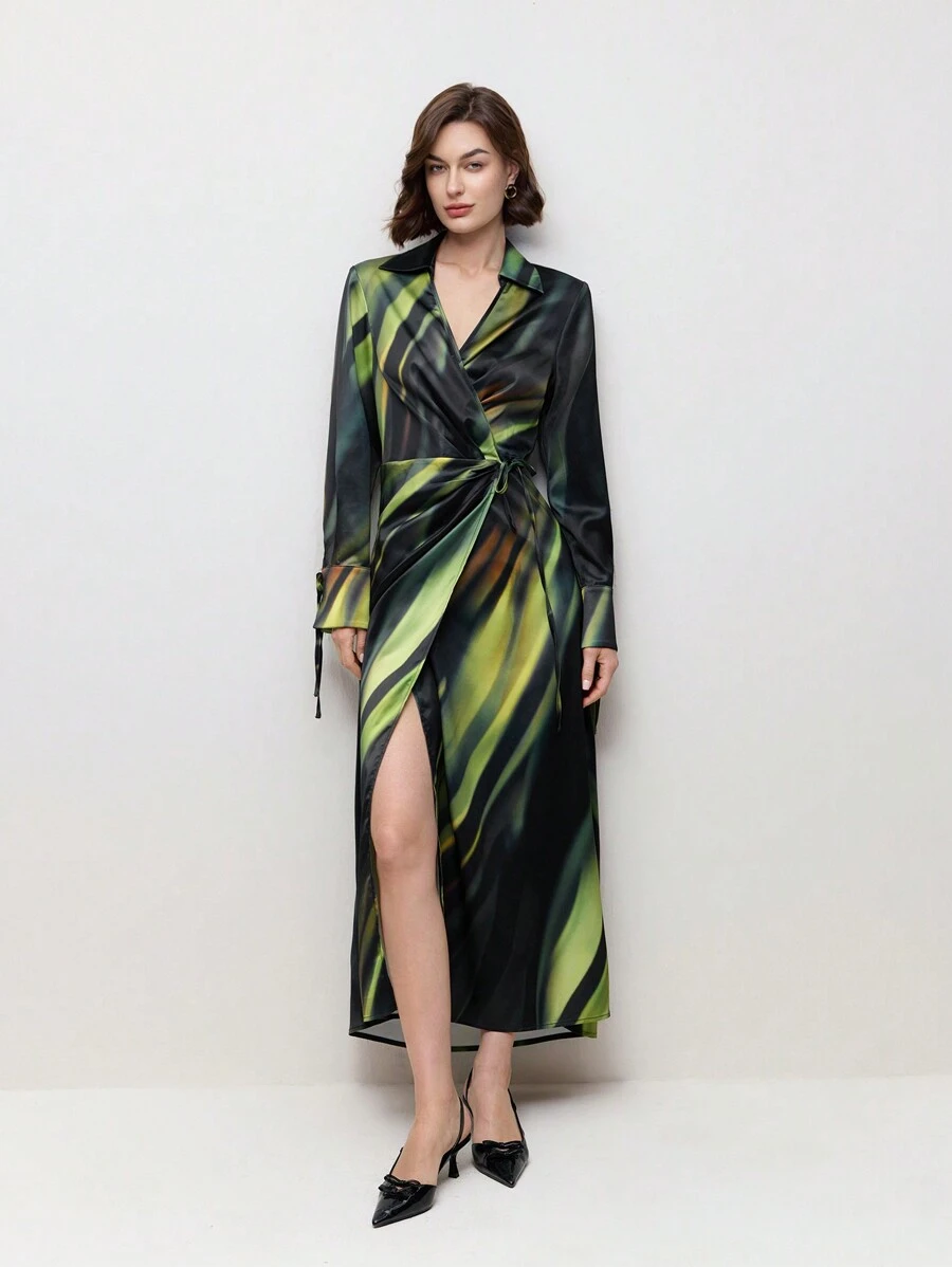 BizChic Green Gradient Stripe Print Long Sleeve Commuter Dress For Women, Spring And Summer