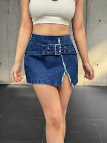 SHEIN EZwear Falda vaquera de mujer con diseño de cierre a presión y abertura lateral