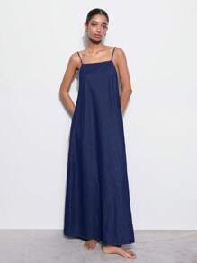 Maija Women's Dark Blue Denim Dress Vacation Slip Dress Backless Summer Dress, Going Out - Dark Wash - View 6