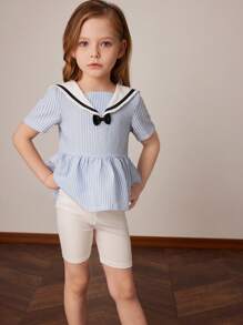 PrepCrw Conjunto de blusa de punto con cuello azul a rayas y blanco, y pantalones cortos de punto blancos para niñas jóvenes en primavera/verano - Multicolor - Ver 3