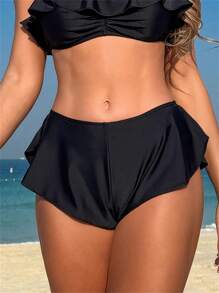 SHEIN Swim Quần short đi biển dễ thương viền bèo nhún màu trơn Springbreak dành cho nữ vào mùa hè - màu đen - Xem 7