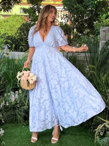 Flirla Plus Size Elegant Deep V-Neck Jacquard Puff Sleeve Knit Dress - Blue - View 2