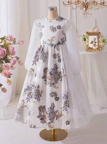 SHEIN Tween Girls Floral Organza Jacquard Ruffle Bow Decor Lantern Sleeve Elegant Dress, Renaissance Style, Princess Gown, Perfect For Birthday Party, Graduation Ball - Multicolor - View 8