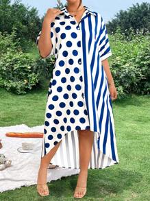 SHEIN LUNE Plus Size Women's Floral, Polka Dot & Stripe Patchwork V-Neck Short Sleeve Asymmetrical Hem Casual Dress, Spring/Summer