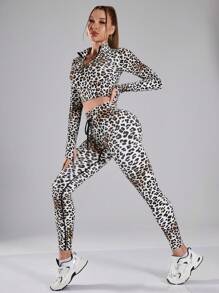 Gameset SHEIN Sport Completo sportivo da donna composto da Maglietta a maniche lunghe e leggings con stampa leopardata - Multicolore - Visualizzare 5