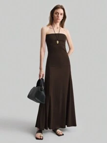 Ontre 2 peças/Conjunto Top Bandô Drapeado Cáqui e Saia Godê Elegante, Vestido de Primavera para Mulheres, Conjunto com Duas Peças de Roupa de Verão para Mulheres, Conjunto de Descanso - Castanho - Visão 5