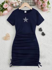 SHEIN Teen Girls' Solid Color Short Sleeve Star Rhinestone Pleated Dress