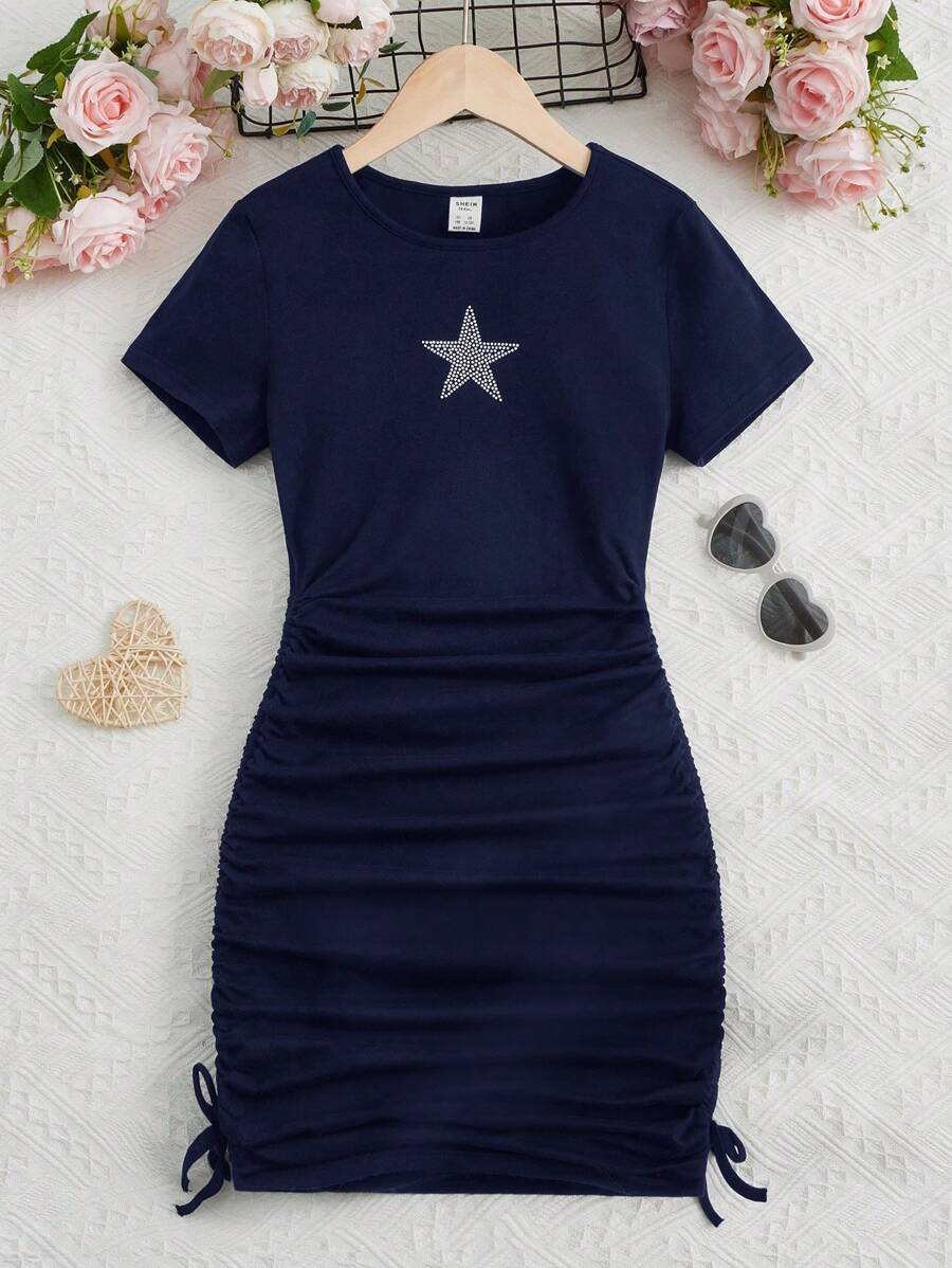 SHEIN Teen Girls' Solid Color Short Sleeve Star Rhinestone Pleated Dress