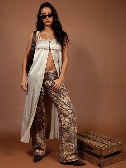 COSMINA Top camiseta bohemia larga de encaje y parche en color crema, apropiada para vacaciones de verano