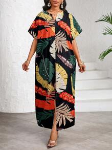 SHEIN Lady 女士热带植物印花短袖休闲直筒连衣裙 - 彩色 - 查看 3