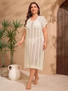 SHEIN Swim Curve Plus Size Women Apricot Hollow Out V-Neck Side Split Knitted Beach Cover-Up, For Summer Vacation