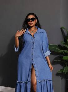 SHEIN Lady Plus Size Damska Sukienka Jeansowa Długi Rękaw Luźna Niebieska Sukienka Koszulowa Sukienka Z Rozcięciem z Boku Sukienka Z Falbanką Sukienka Plus Długość Stroje Letnie Dla Kobiet Stroje Wakacyjne Damskie Romantyczne Sukienki Letnie Sukienki Dla Kobiet Sukienki Wiosenne Dla Kobiet Stroje Cowgirl Dla Kobiet Stroje Boho Rave Festiwal
