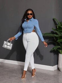 SHEIN SXY Áo khoác denim nữ cỡ lớn có nơ khoét lưng tay dài Áo dài tay màu xanh Áo mùa xuân Áo mùa hè Áo mùa hè cho nữ Áo đi chơi cho nữ Mùa xuân cho nữ Cô gái cao bồi cho nữ Buổi hòa nhạc cho nữ Áo crop top lễ hội Rave Áo dài tay buổi hòa nhạc cho nữ Y2k - Rửa trung bình - Xem 4