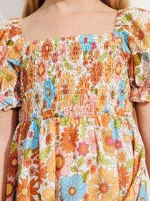 SHEIN Young Girls' Colorful Ditsy Floral Front Cable Puff Sleeve Yellow Dresses - Yellow - View 7