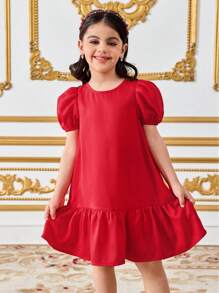 SHEIN Young Girl Woven Solid Color Round Neck Puff Sleeve Fitted Dress - Red - View 7