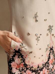 Anewsta Women's Elegant Floral Pattern Rhinestone Embellished Sleeveless Round Neck Mini Dress, Suitable For Festivals, Going Out, Vacations