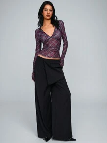 TRNVIE Plaid V-Neck Thumb Hole Tight Fit Top Fall Cloth For Women