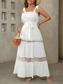 Clasi Vestido blanco de talla grande para mujer con ajuste regular, adornos de encaje y lazo en la parte delantera, ideal para vacaciones de primavera/verano, San Patricio, festivales, primavera y estilo bohemio - Blanco - Ver 5
