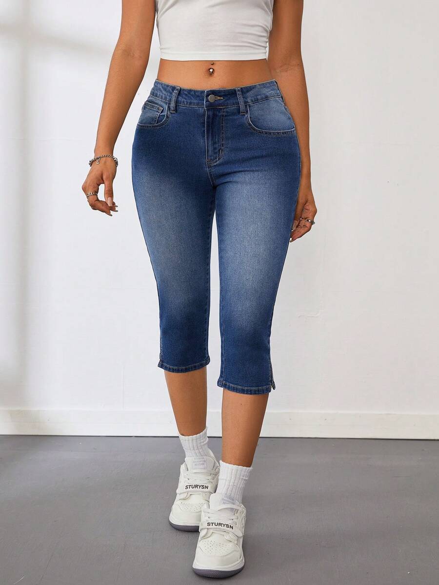 SHEIN Tall 女款超低腰紧身弹力蓝色牛仔七分裤 - 中等水洗藍 - 查看 1